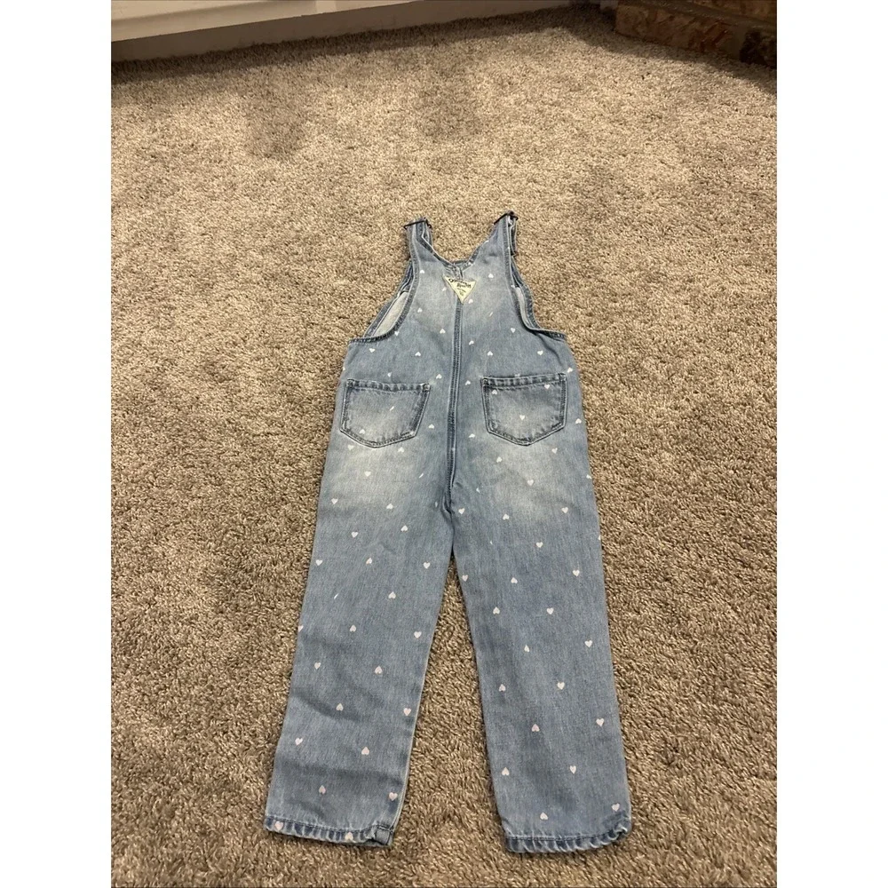 OshKosh B'gosh Overalls Girls 3T Toddler Blue Denim Pink Heart Print Bibs Cotton